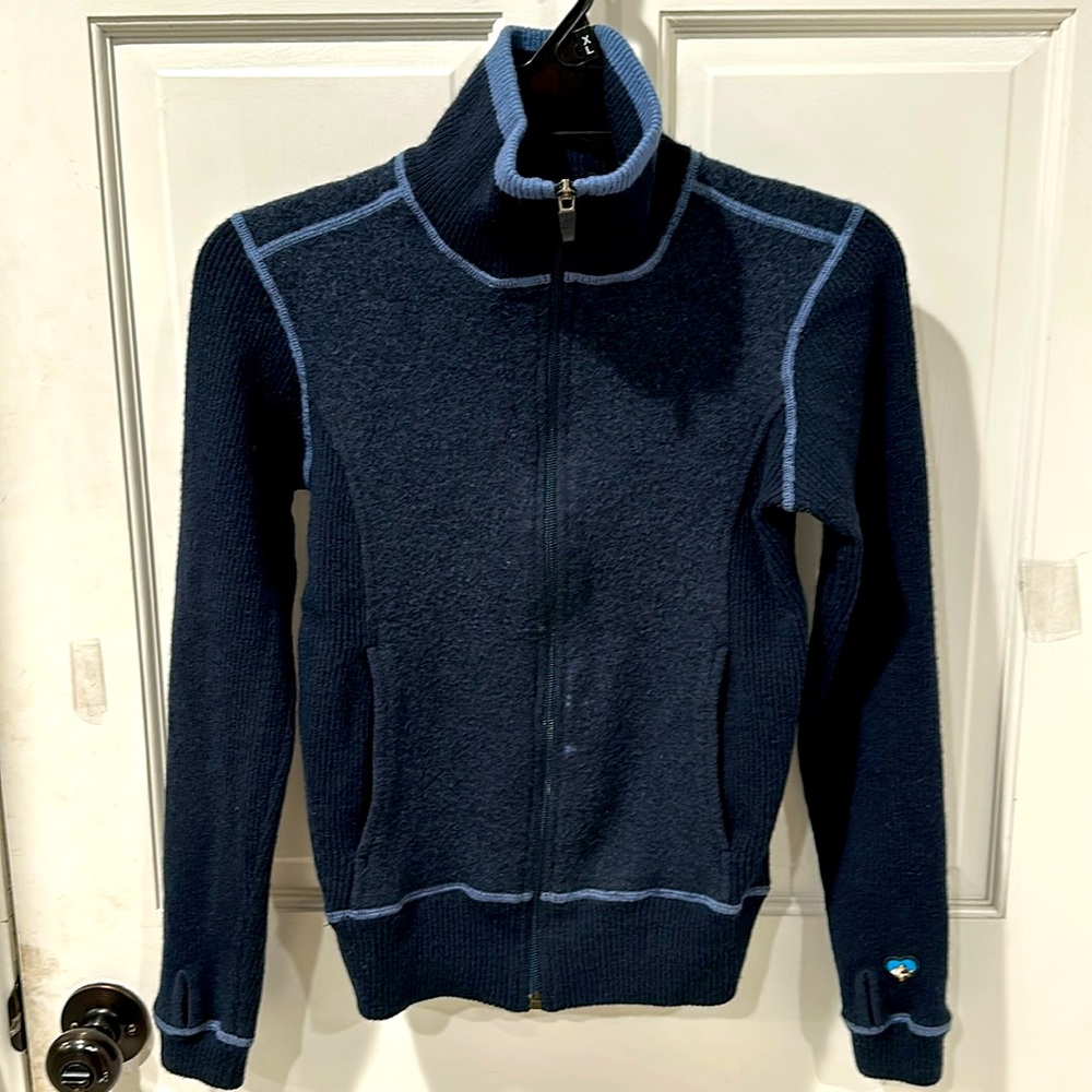 KUHL 100% Merino Wool navy full-zip jacket with thumb holes